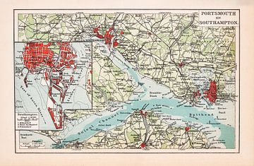 Vintage plattegrond Portsmouth en Southampton ca. 1900 van Studio Wunderkammer