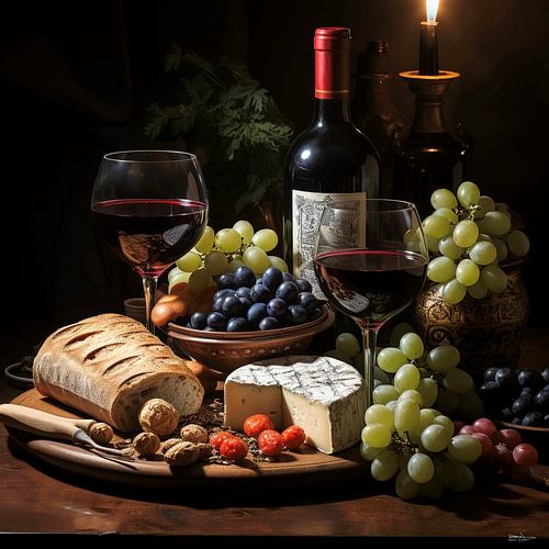stilleven van wijn, kaas en brood