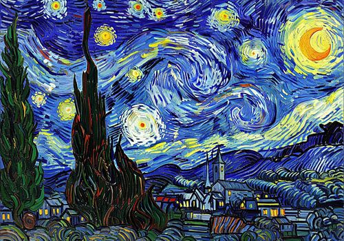 Schilderij van sterrenhemel boven stad met cipressen