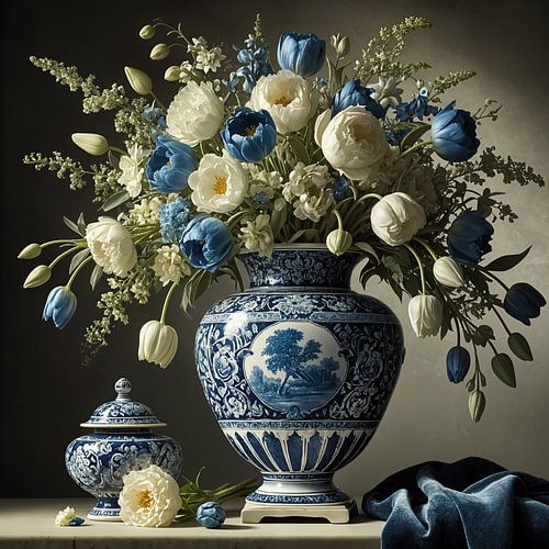Delfts blauw vaas met witte en blauwe tulpen – tijdloos kunstwerk