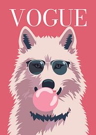 Stilvoller weißer Wolf mit Sonnenbrille, der rosa Kaugummi bläst – Vogue-Poster von Cross