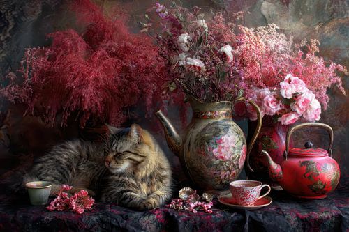 Herfst, stilleven met kat, gedroogde bloemen en vintage theepotten, warm en sfeervol