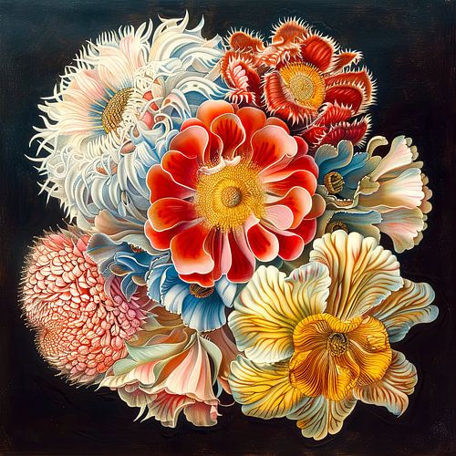 Ball of flowers, nature wall art, black background