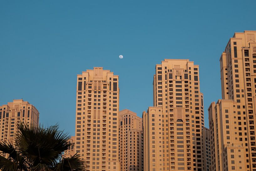 Dubai Marina beach building with Moon by Martijn van den Hil