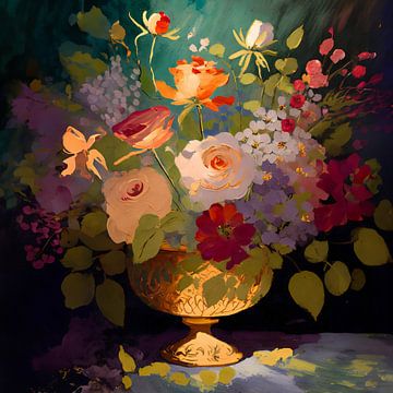 Arrangement de fleurs dans des couleurs chaudes avec de l'or 4 sur Pieternel Fotografie en Digitale kunst