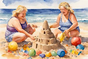 2 gesellige Damen bauen eine Sandburg