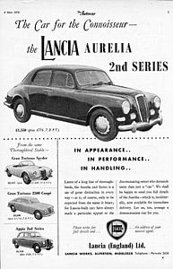 oude Britse advertentie van de Lancia Aurelia uit 1956 van Atelier Liesjes