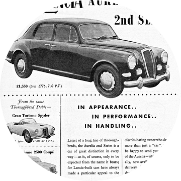 oude Britse advertentie van de Lancia Aurelia uit 1956 van Atelier Liesjes