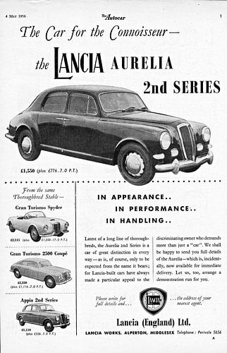 oude Britse advertentie van de Lancia Aurelia uit 1956