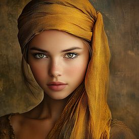 Frau mit gelbem Kopftuch auf strukturiertem Hintergrund Leinwand von Beeld Creaties Ed Steenhoek | Fotografie und künstliche Bilder