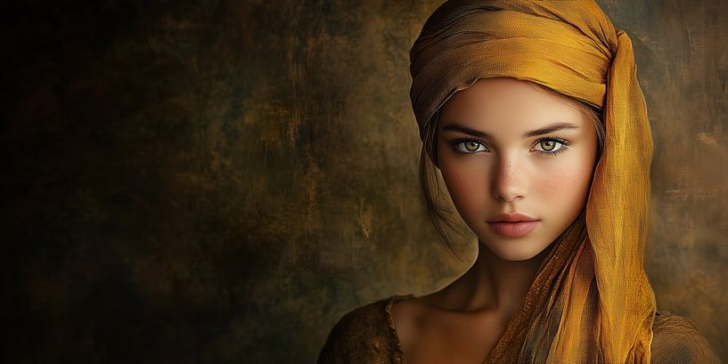 Woman with Yellow Headscarf on Textured Background Canvas by Beeld Creaties Ed Steenhoek | Photography and Artificial Images