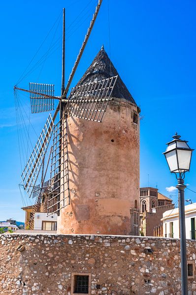 Zicht op historische windmolen in de stad Palma de Mallorca, Spanje van Alex Winter