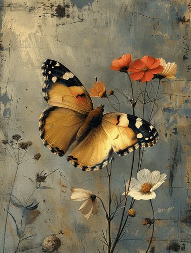 Papillon avec des fleurs en style vintage