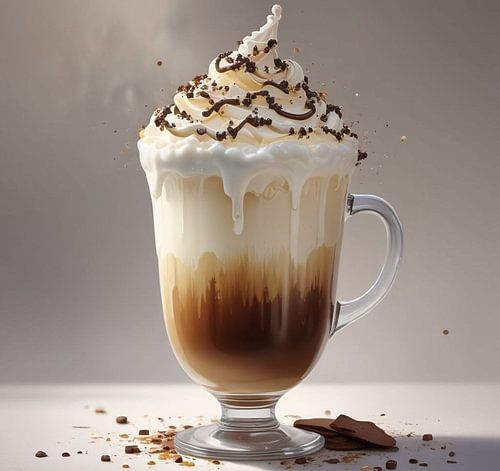 Een caffé latte overgoten met slagroom en stukjes chocolade.