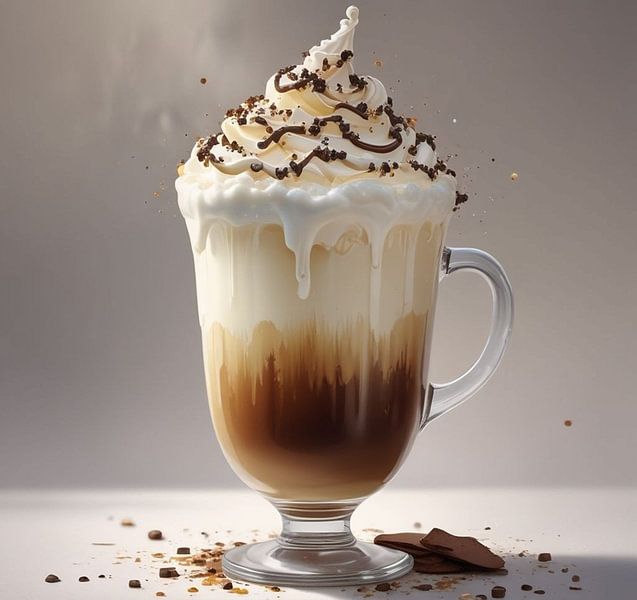 un café au lait garni de crème fouettée et de morceaux de chocolat. par J.a Dijkstra