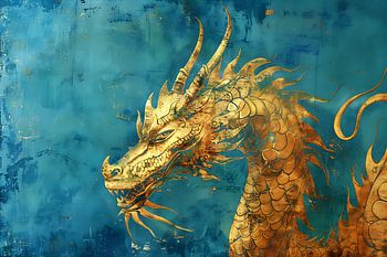 Goldener Drache, Vintage auf blauem Hintergrund