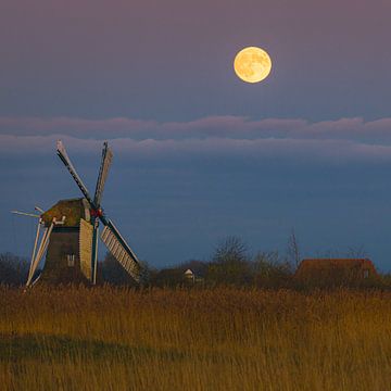 Volle maan bij de Noordermolen, Groningen, Nederland van Henk Meijer Photography