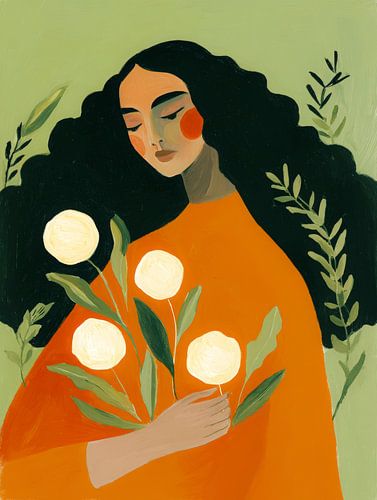 Femme en orange avec des fleurs légères