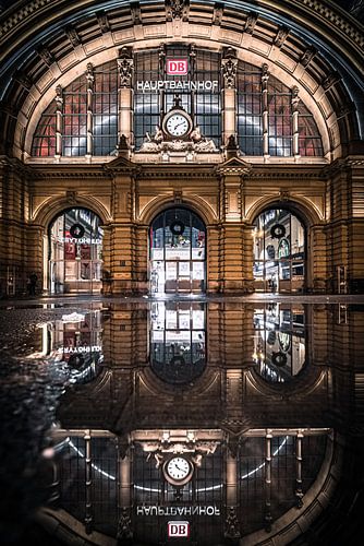 Frankfurt am Main, de ingang van het centraal station wordt weerspiegeld in een plas water