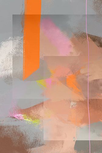 Abstract schilderij in grijs, bruin, roze en oranje tinten