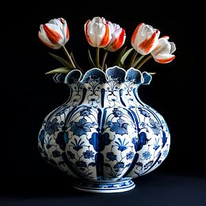 Moderne Tulpen in klassischer delfterblauer Vase