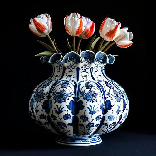 Modern Tulips in Classic Delft Blue Vase by Vlindertuin-Art