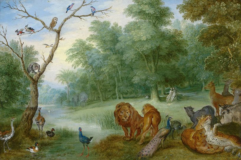 Das Paradies mit dem Fall von Adam und Eva, Jan Brueghel der Jüngere von Meisterhafte Meister