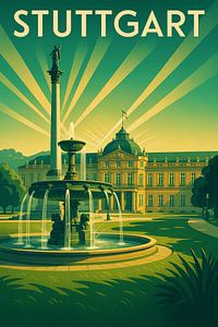 Stuttgart Vintage Travel Poster - Schlossplatz-Brunnen-Ansicht