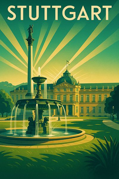 Stuttgart Vintage Reisposter - Schlossplatz Fonteinzicht van Travel Shop