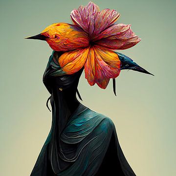 vogel en meisje surealisme abstract van Rando Fermando
