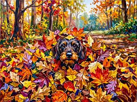 Dackel ruht sich in bunten Herbstblättern aus von ArtMomente