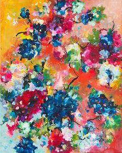 Heartbreak Heaven - romantische Blumenmalerei mit rotem Hintergrund