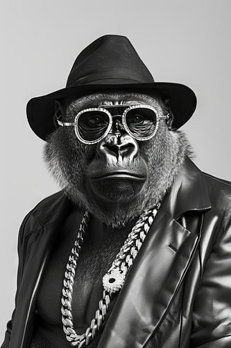 Portret van een gorilla in leren jas en zonnebril