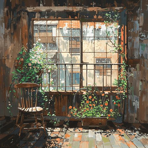 interieur raam stoel zon bloemen balkon stadsgezicht