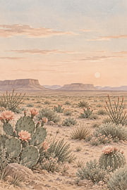 Desert Bloom: Blooming Cacti and Distant Mesas at Sunrise by Alfonz