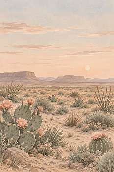 Desert Bloom: Blooming Cacti and Distant Mesas at Sunrise