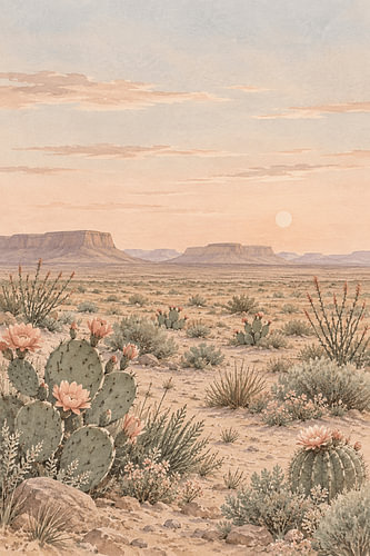 Desert Bloom: Bloeiende cactussen en mesa’s in de verte bij zonsopgang