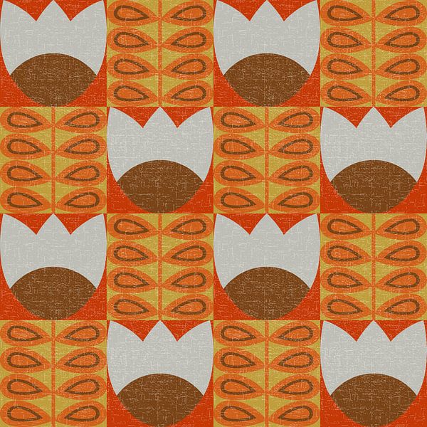 bescherming Weinig streep Retro jaren 70 vintage geïnspireerd patroon met gestileerde bloemen en  bladeren in beige, bruin en o van Dina Dankers op canvas, behang en meer