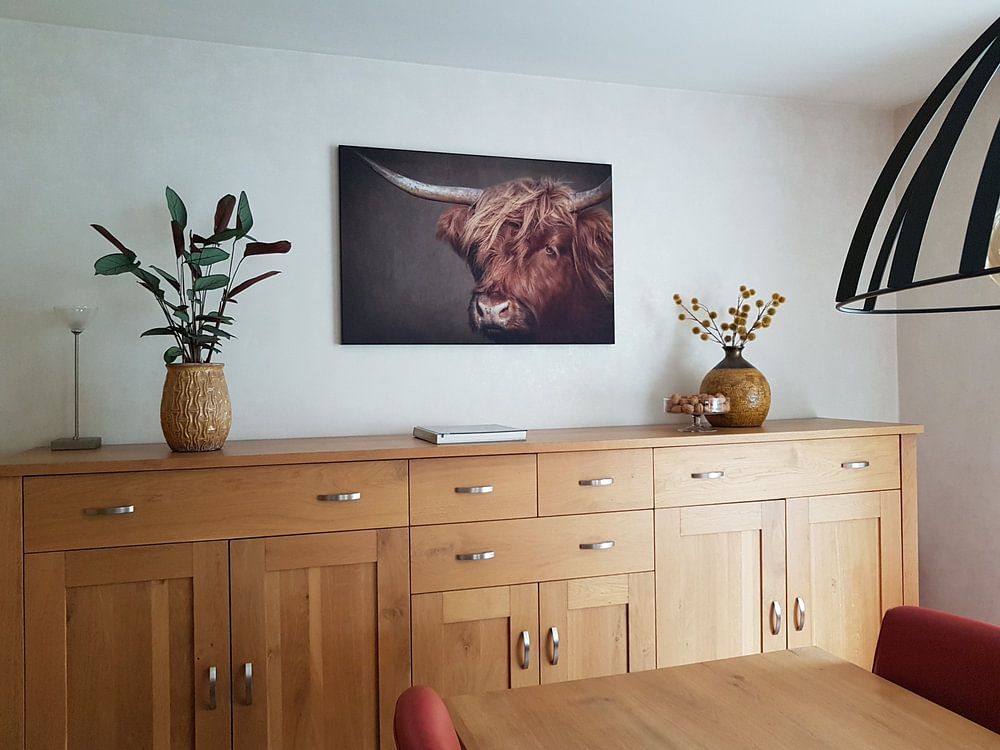 Schottischer Highlander Porträt: Nahaufnahme Kopf in braun  von By Marjolein Design 