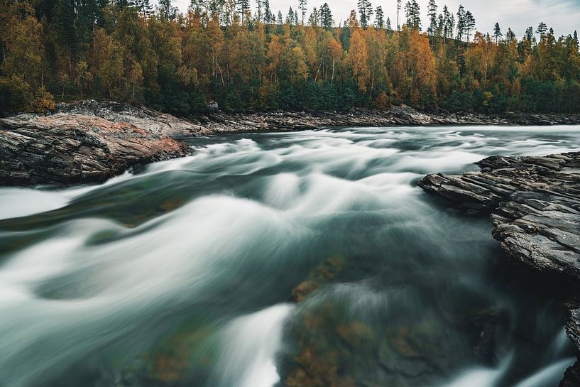 Fließender norwegischer Fluss mit Herbstfarben von Colin van Wijk