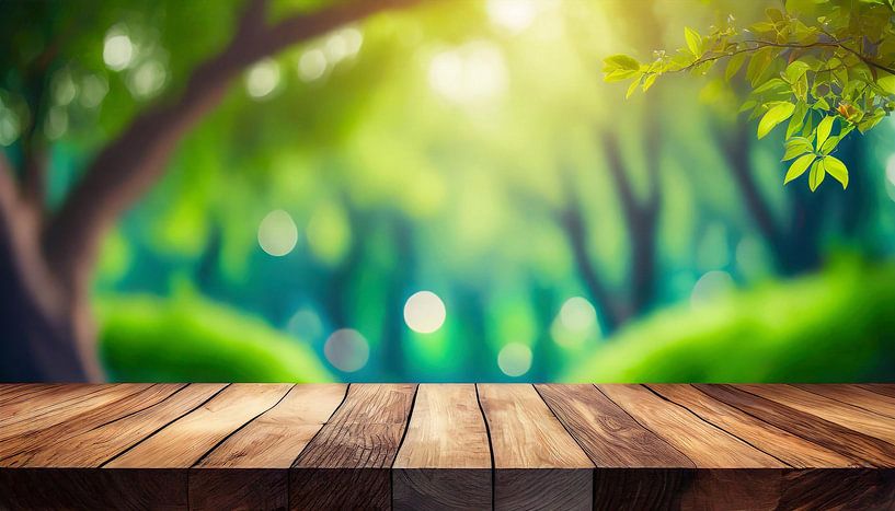 Natuur achtergrond, houten tafel boven wazige groene bomen in de tuin van Animaflora PicsStock