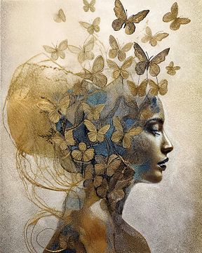 Modern portret van een Vrouw met Vlinders rond haar hoofd, serie Vrouwen Goud van Studio Pieternel