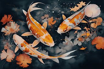 Koi Karpfen im Teich Aquarellmalerei von Vlindertuin Art