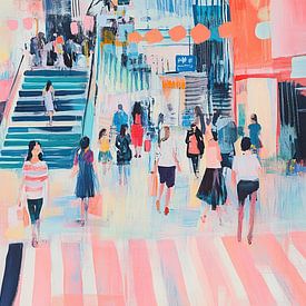 Peinture urbaine représentant des personnes | Rue commerçante animée sur Peintures accrocheuses