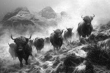 Nebelzug der Highlandrinder - Mystische Schwarzweißfotografie für Liebhaber Schottlands von Felix Brönnimann
