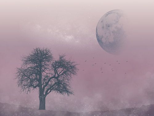 Dromerig Landschap – Paarse Nacht met Maan, Boom en Vogels