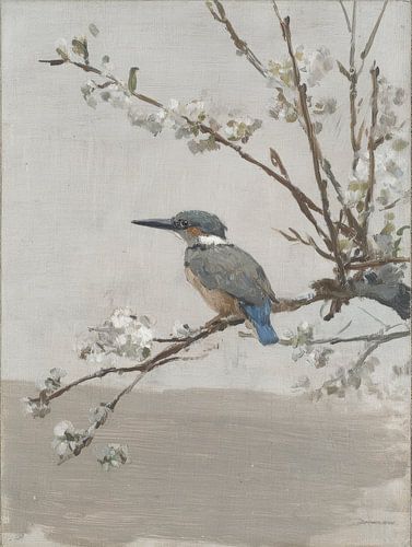 Kingfisher on blossom branch in soft natural tones by But First Framing