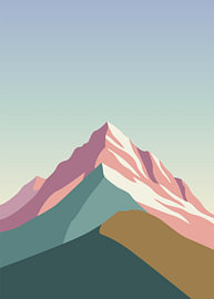 Landschaftsillustration mit pastellfarbenen Berggipfeln und Schnee, umrahmt von einem weißen Rand von Adam Khabibi