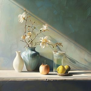 Stilleben mit Blütenzweig und Frucht