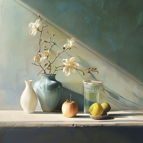 Still life with blossom branch and fruit